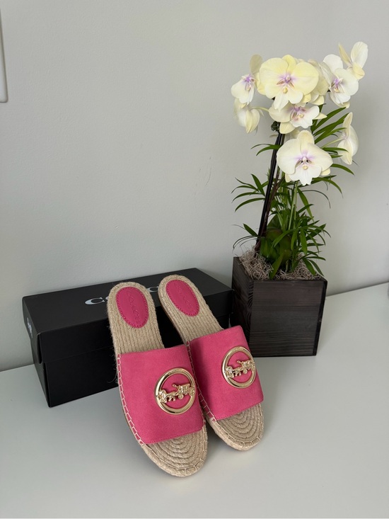 Coach Shoes - Coach Pink Suede Espadrille Slide with Gold Emblem